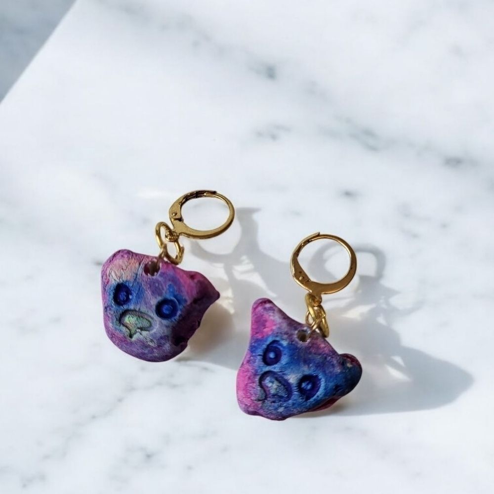 14k Gold plated Bear Face Air Dry Clay Huggie Earrings